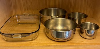 Anchor Hocking Glass Pan And Metal Mixing Bowls