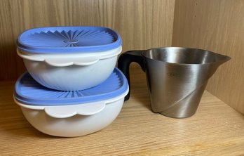 Two Vintage Tupperware Containers With Lids And Oxo Pitcher