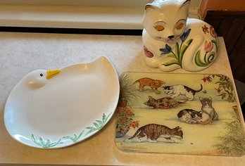 Sleeping Kitty Cookie Jar, Goose Platter And Kitty Trivet