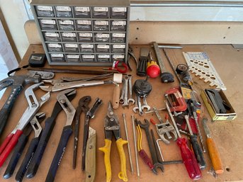 Assorted Tools And Filled Hardware Organizer