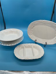 Two White Platters, Large Serving Bowl And Milk Glass Cake Plate