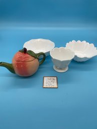 Three Vintage Milk Glass Dishes And A Peach Tea Pot