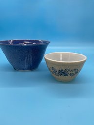 Blue Ceramic Mixing Bowl And Smaller Pyrex Mixing Bowl