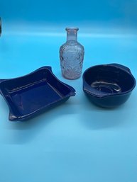 Blue Stoneware Dishes And Vintage Glass Decanter