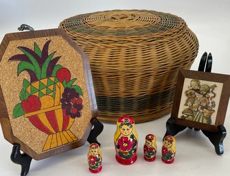 Covered Basket And Russian Nesting Dolls