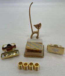 Cat Ring Holder, (3) Lipstick Holders With Mirrors And (4) Gold Accent Rings