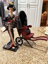 Geisha Doll Holding Shamisen & Dollsize Rickshaw