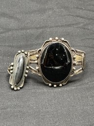 Black Stone (Onyx?) And Silver Bracelet And Ring