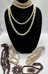 Lots Of Pearl Necklaces & Floral Patterned Box