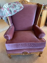 Velvet & Carved Wood Wingback Chair