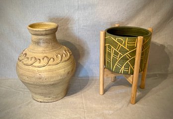 Large Stoneware Vase And Stoneware Pot With Expandable Bamboo Stand