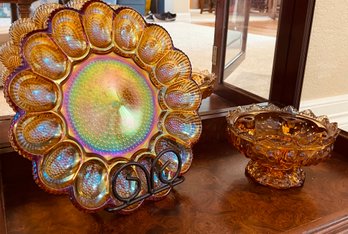 Indiana Glass Hobnail Carnival Amber Deviled Egg Plate & More