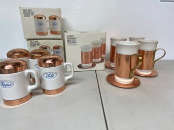 Baker, Hart, And Stuart Copper Mug Set And (2) Copper Salt And Pepper Shaker Sets