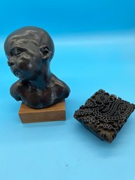 Plaster Baby Head Sculpture And Antique Wooden Stamp