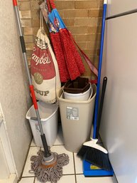 Assorted Trashcans And Broom And Dustpan