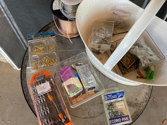 Bucket Of Hardware And Wire Spools