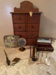 Wooden Apothecary Cabinet And Antique Manicure Kit And More