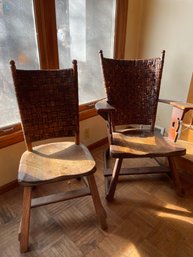 Two Woven Back Wooden Chairs