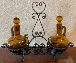 Cruet Set And Carrier And Wooden Shelf