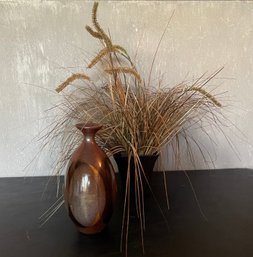 Brown Stoneware Vase & Wild Grass