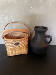 Pottery Jug And & Wood And Wicker Basket