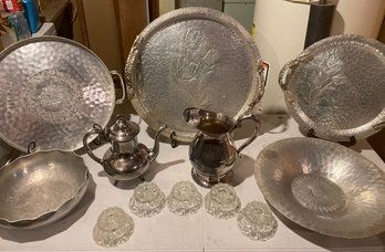 Hammered Serving Pieces, And Silver-plate Water And Coffee Pot