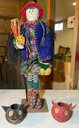 Scarecrow Figurine With Two Papier Mache Jack-o-lanterns