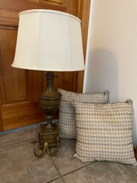 Tall Brass Urn Style Lamp And Shade With 3 Way Bulb