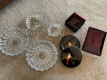 Ruby Red Glass Lidded Box And Condiment Dishes