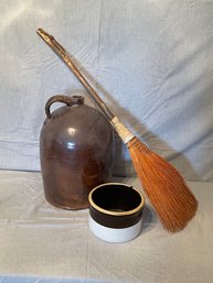 Large Jug, Crock And Handmade Hearth Broom