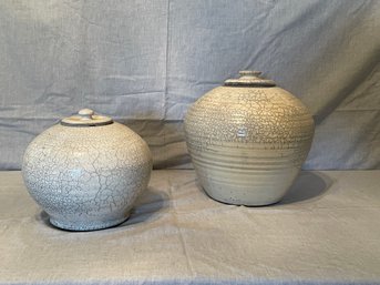 Two Oversized Ceramic Jars W Crackle Finish