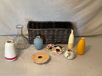 Basket And Collection Of Vases & Frogs