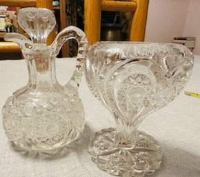 Cut Glass Cruet And Stopper And Small Wide Mouth Vase