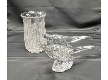 Cut Glass Vase And Pheasant Figurines