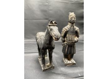 Terra Cotta Chinese Warrior And Horse Sculptures