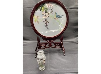 Vintage Handcarved Chinese Table Screen With Silk Embroidery