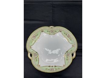 Nippon Tri Circle Decorative Porcelain Dish Green And Gold Moriage