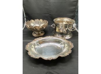 Silver Plated Rockford Anniversary Bowl, Fondue Base And Oval Serving Piece