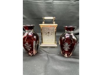 Vintage Bud Vases, Red Cranberry, Etched Cut Glass & Bulova Table Clock