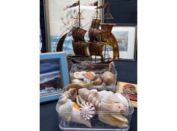 The Ocean Is Calling You!!  Metal Clipper Ship, Art & Shells