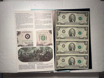 Bureau Of Engraving And Printing Uncut Sheet Of 4 $2 Bills 1976