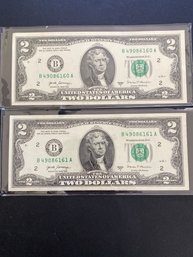 2017 A Two Dollar Bill Consecutive Number Lot Of 2