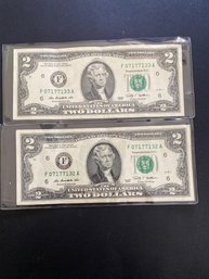 2009 Two Dollar Bill Consecutive Number Lot Of 2