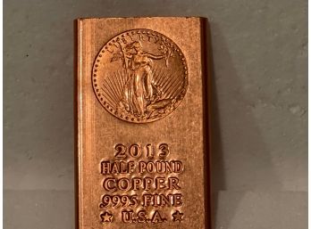 Half Pound 1/2 LB Copper Bar Bullion Paperweight 2013