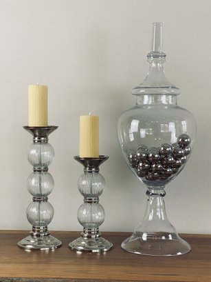 Large Glass Vase With Multiple Ornamental Silver Balls With Pair Of Glass And Silver Candle Holders