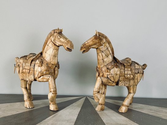 Pair Of Pair Of Chinese Tang Dynasty Style Tessellated Bone Veneer Horse Statues