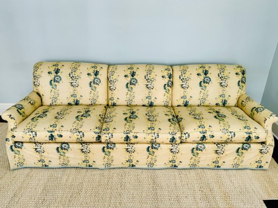 Custom Tim Whelan Payley Three Cushion Floral Couch With Skirt - Tans, Blues, Yellows, Brown