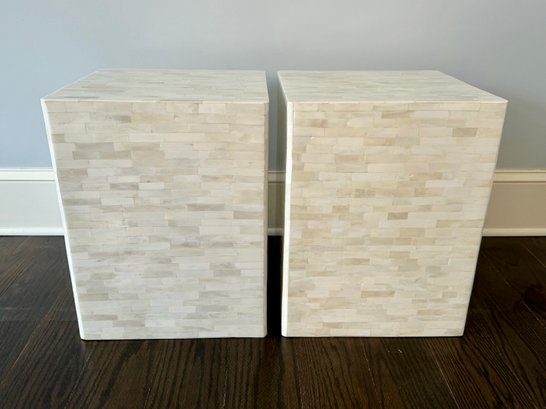 Pair Of Cream Square Bone Inlay Side Tables