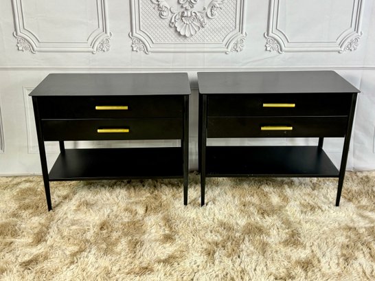 Pair Of West Elm Two Drawer Bedside Tables With One Drawer - Black With Brass