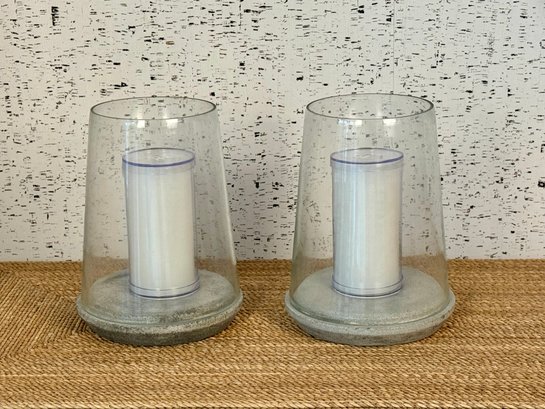 Pair Of Glass Hurricane Lanterns With Stone Bases - Brand New Candle Inserts - Purchased For $160.00